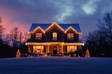 Home glowing warm against a twilight sky